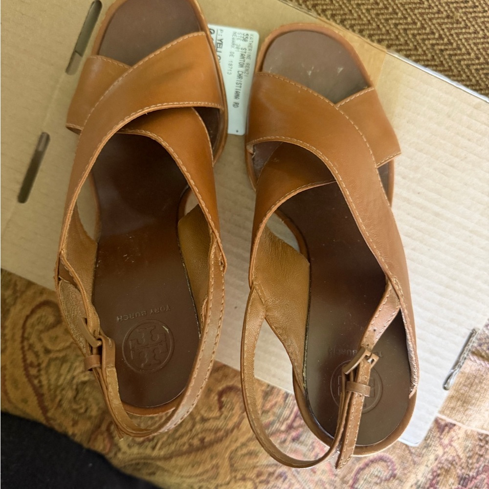 Tory Burch Tan Leather Crisscross Slingback Sandals